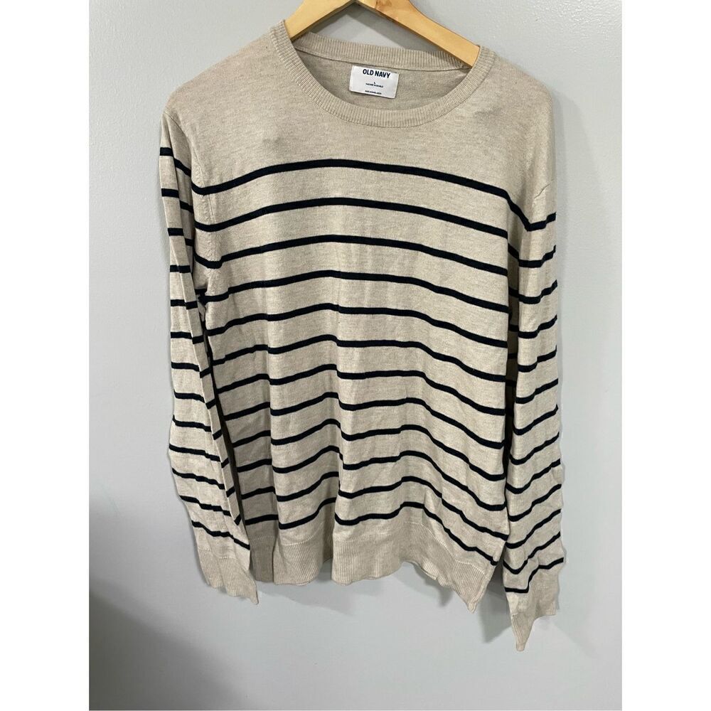 Old Navy Men’s Large Tan Black Striped Long Sleeve Top Shirt